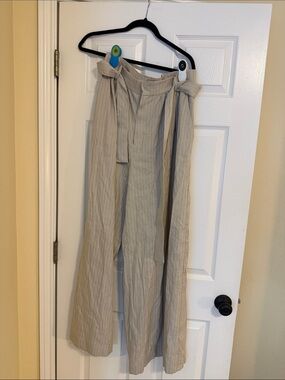 High-Waist Tie-Belt Wide Leg Pants - Beige